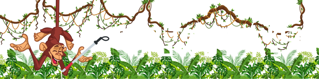 Marital Monkey Mondays banner with upside down monkey with guide cane